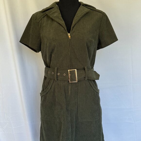 Womens Corduroy Mini Dress Short Sleeve pockets Belted Cowgirl Dress - 391 - Picture 5 of 9